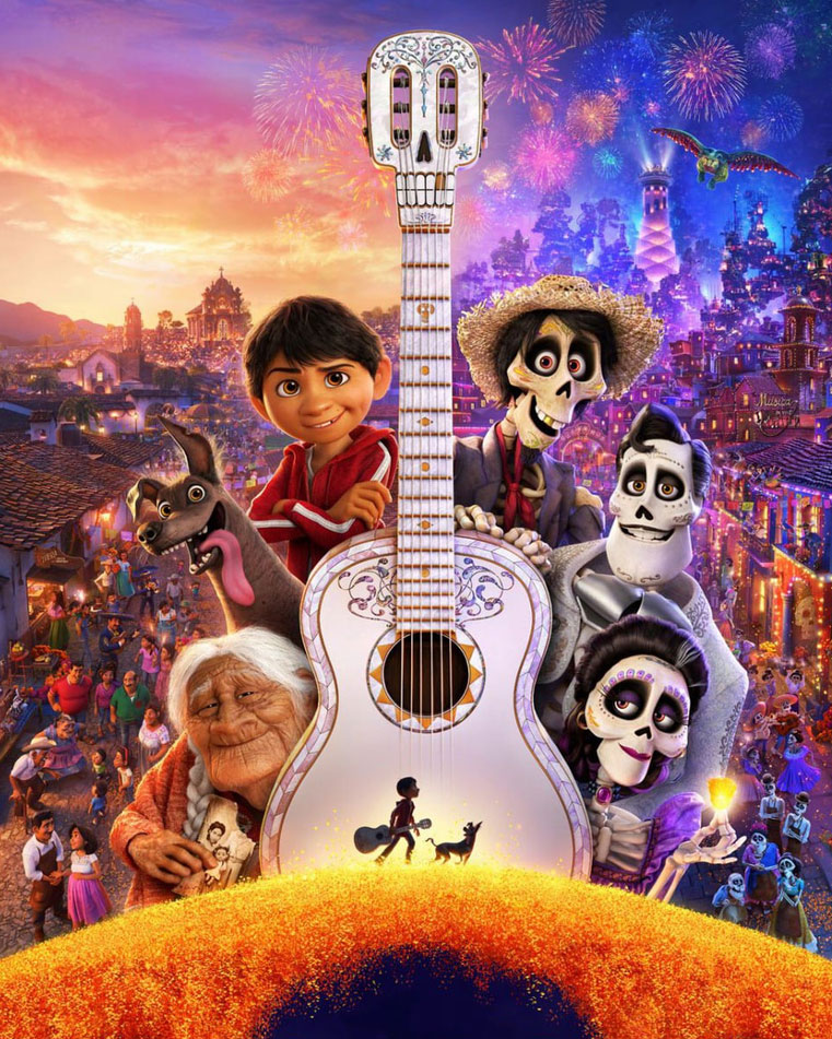 Filmaffisch för Pixars film Coco, med huvudkaraktärerna samlade runt en gitarr